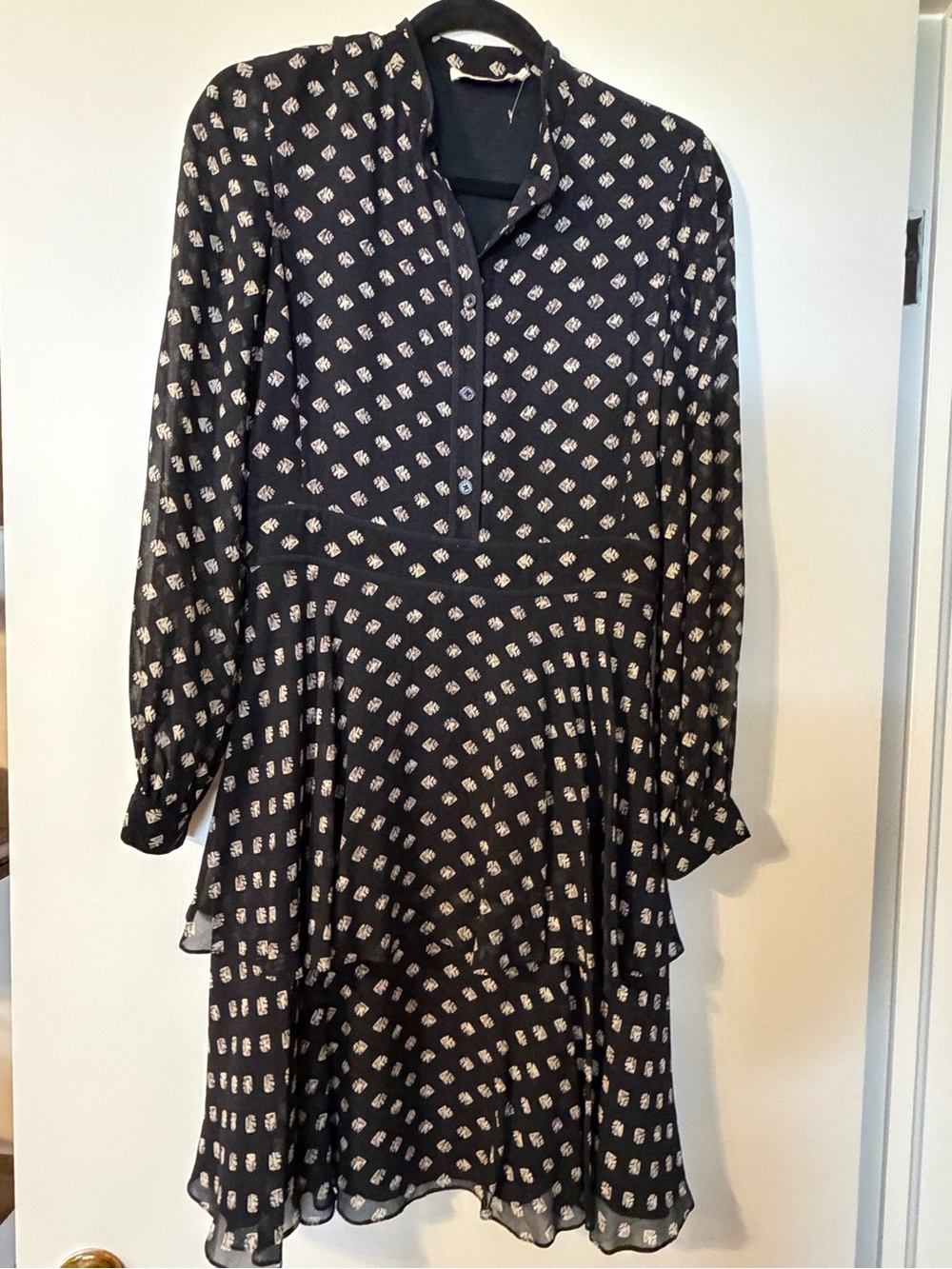 Tory Burch Black Long-Sleeve Tribal Fish Printed Sheer Layered Midi Dress